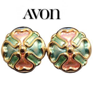 Avon Pink Green Hearts Clip On Earrings Vintage Pastel Tinted Domed Discs